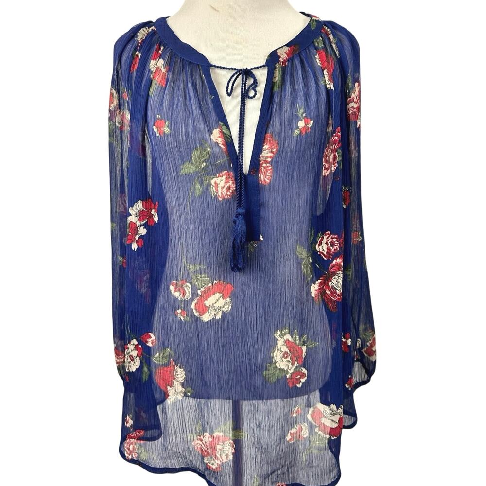 Lucky Brand Blue Floral Sheer Chiffon Peasant Blouse Tunic Tassel Tie 1X